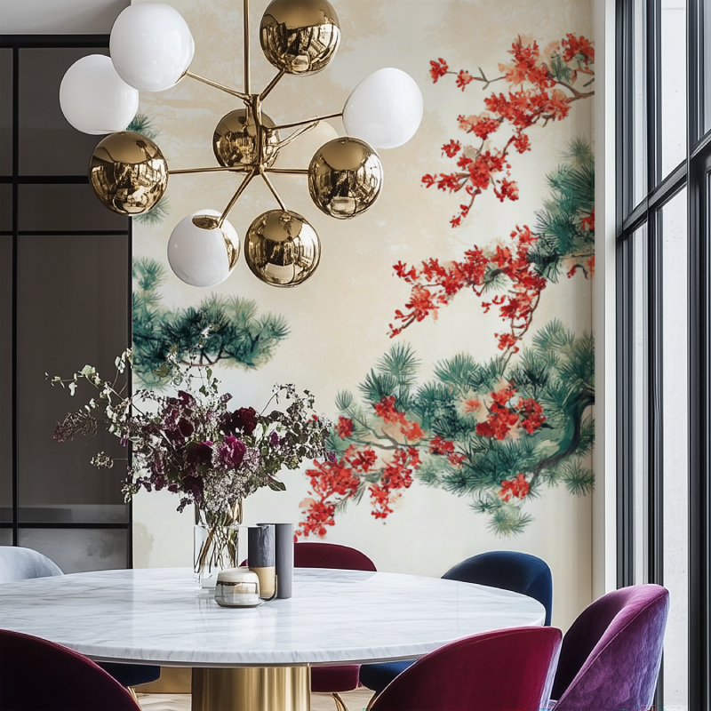 Papier peint arbre japon salon chaise