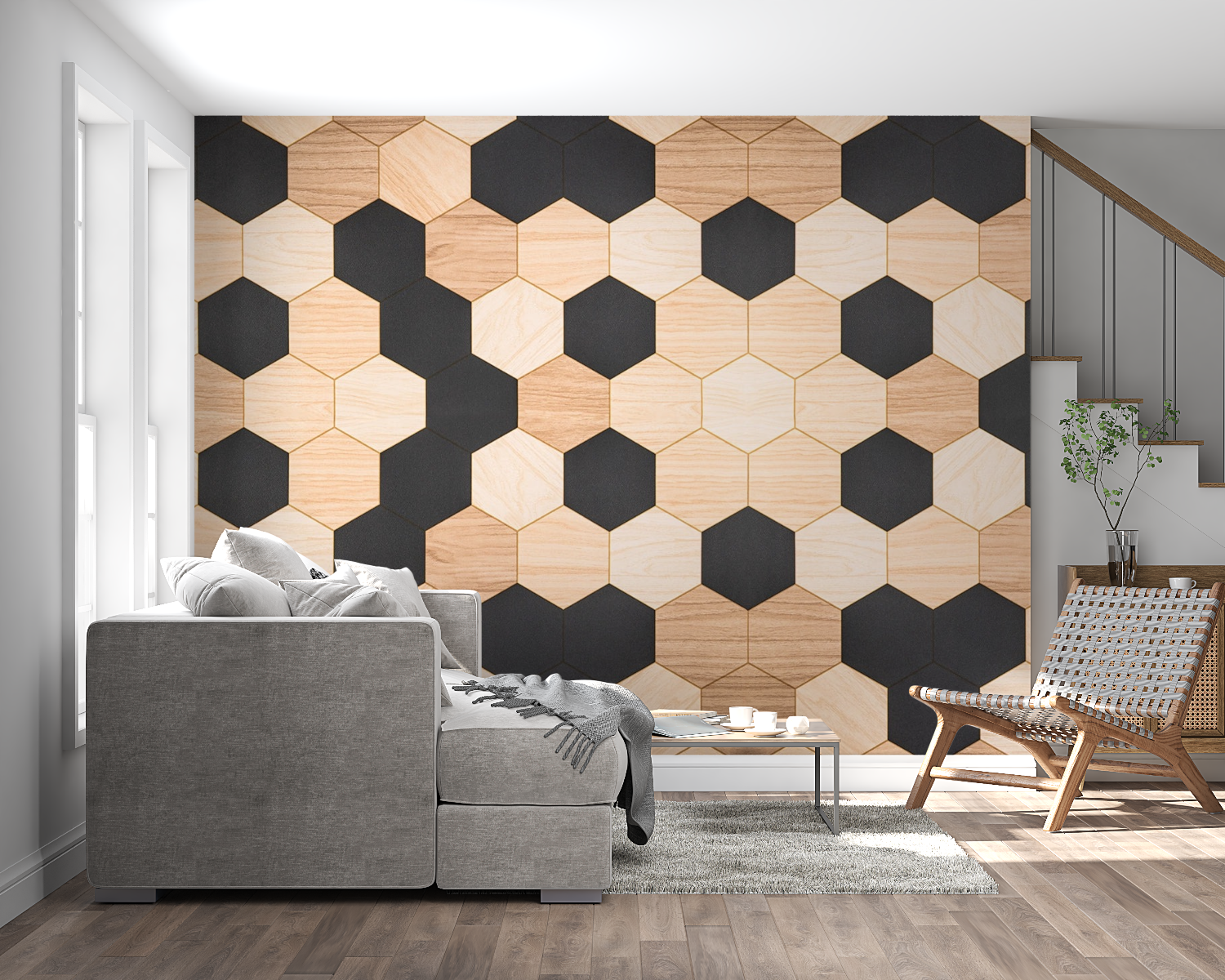 Papier Peint Hexagone Noir Et Bois - salon