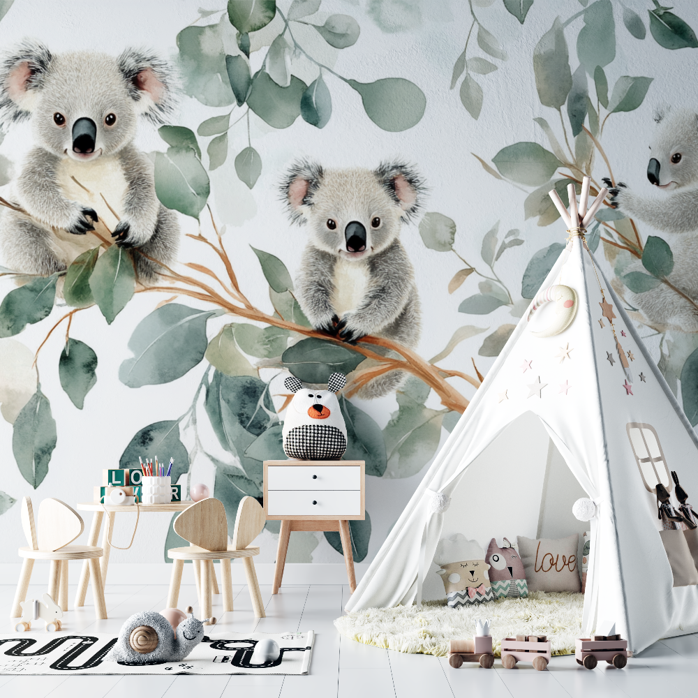 Papier peint koala et lumiere du matin chambre bebe