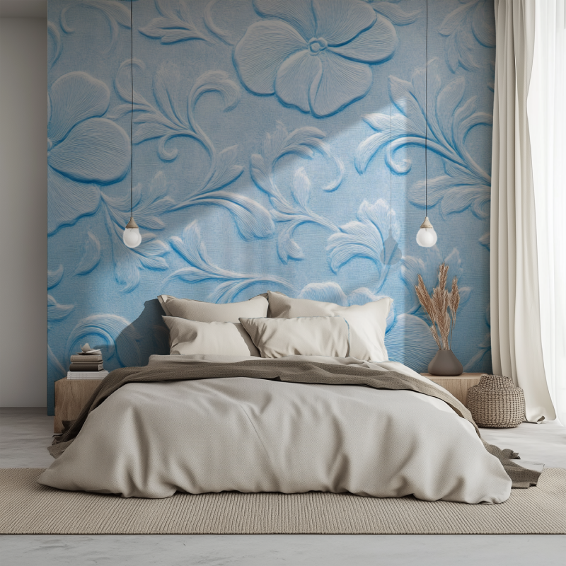 Papier peint vintage fleur bleu lit 1234