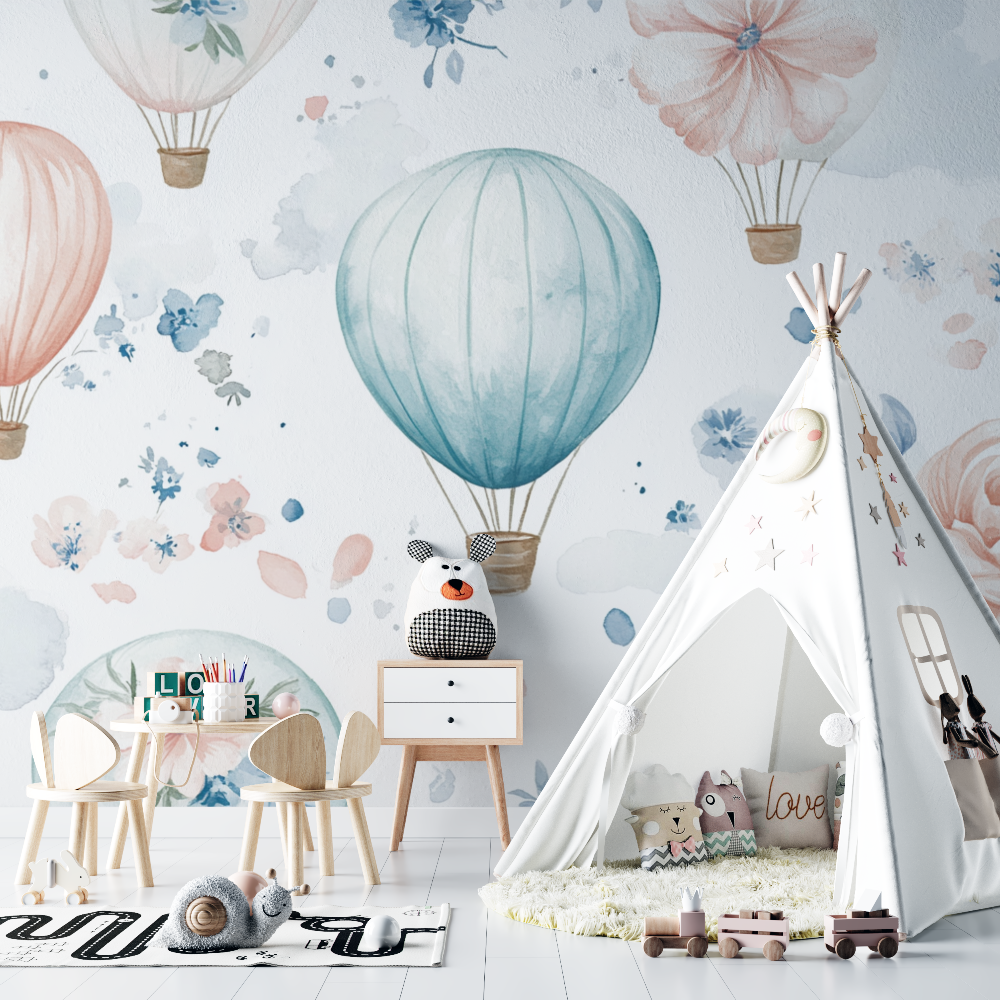 Papier peint montgolfiere et fleurs delicates chambre bebe