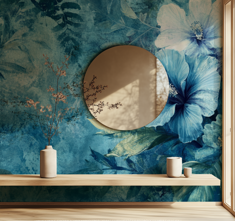 Papier peint vintage fleurs bleue miroir