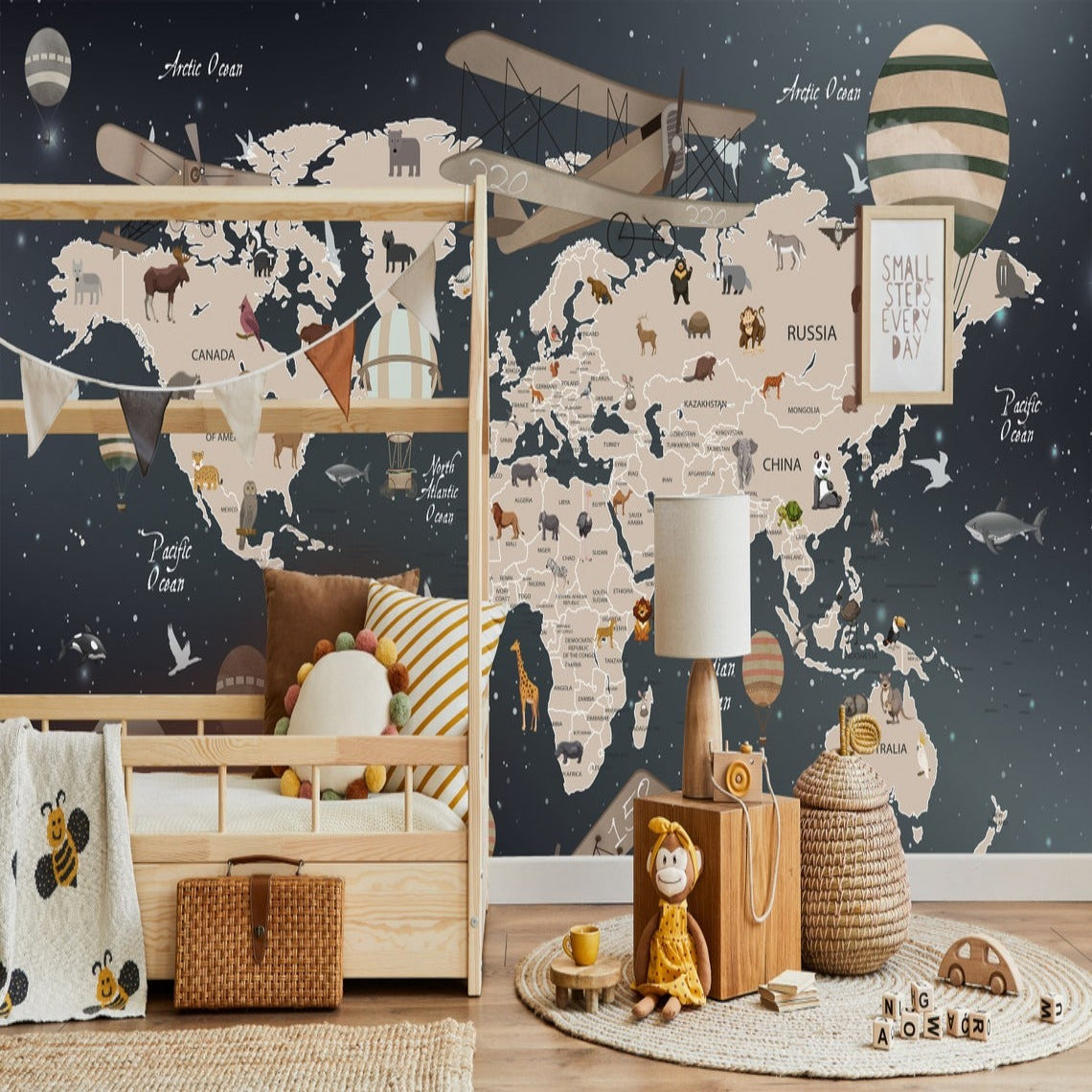 World Map Wallpaper <br/> Black Planisphere and Plane - Second Image