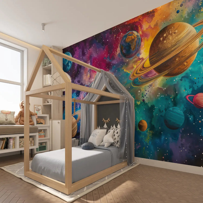 Papier Peint Ados Espace et Galaxie - chambre garçon lit