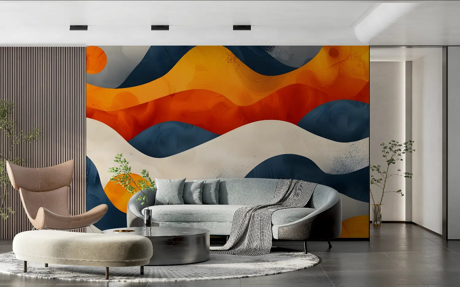 Papier Peint Art Bleu Et Orange - chambre adulte