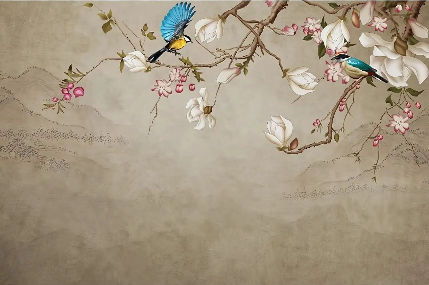 Wallpaper with Birds and Flowers