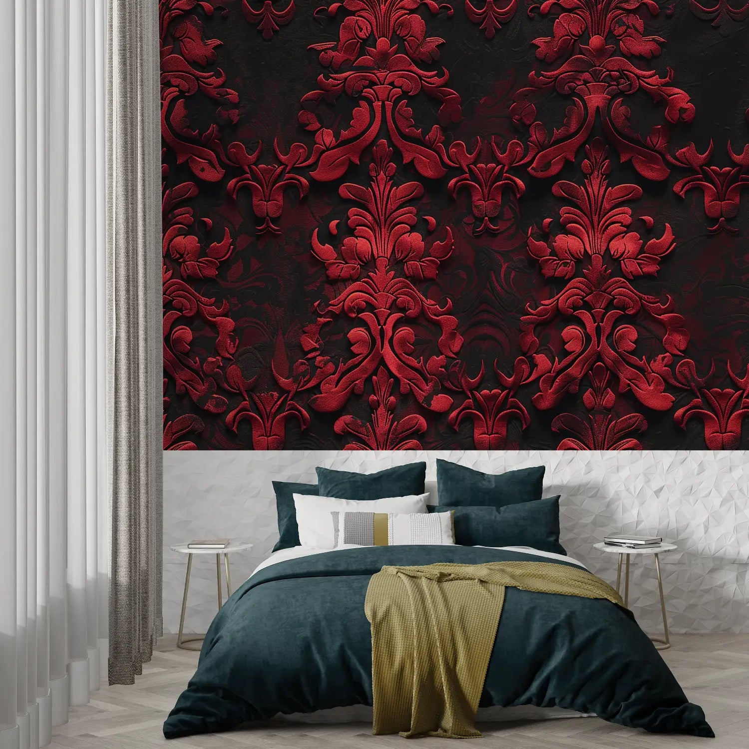 Papier Peint Baroque Rouge Noir 3D - panoramique-mur