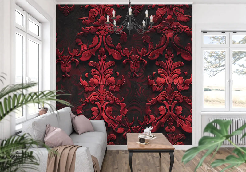 Papier Peint Baroque Rouge Noir 3D - tapisserie