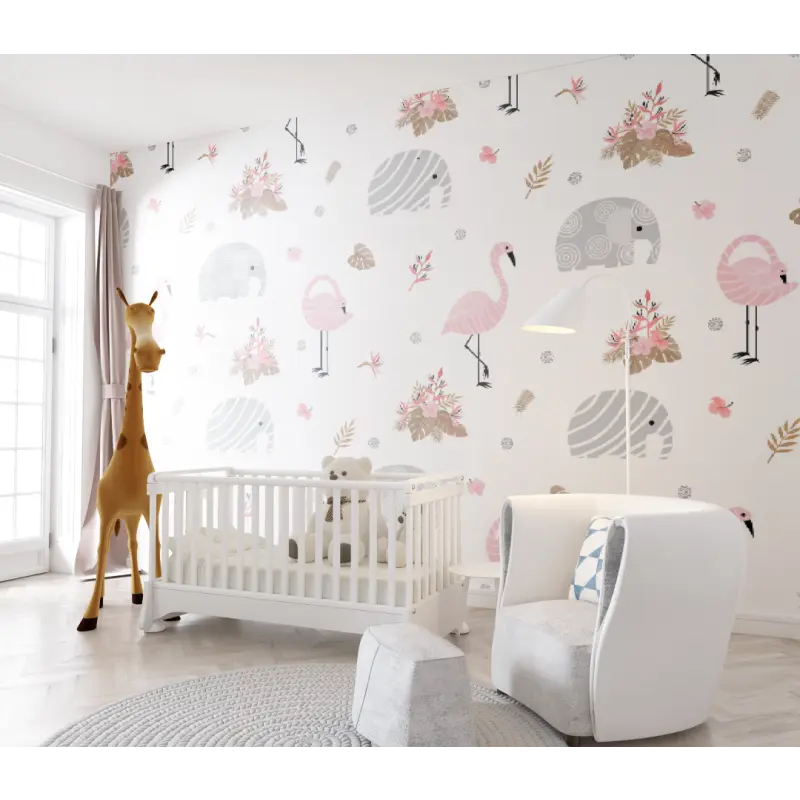 Papier peint bébé Flamant rose blanc - chambre de bebe