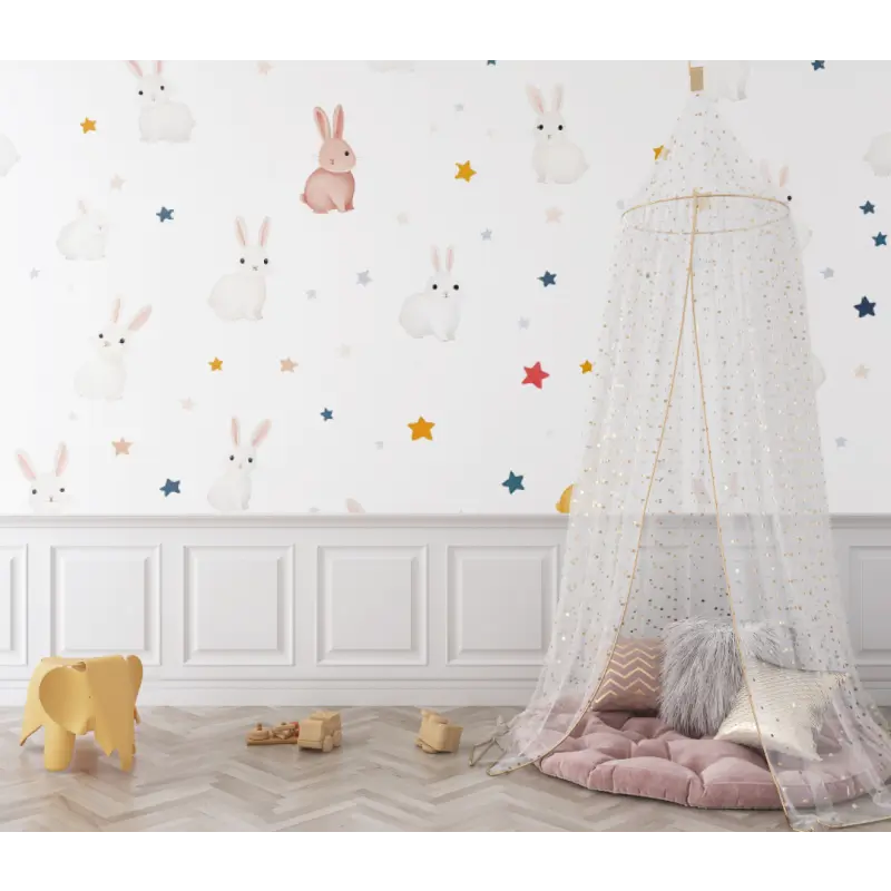 Papier peint bébé lapins motifs - chambre de bebe