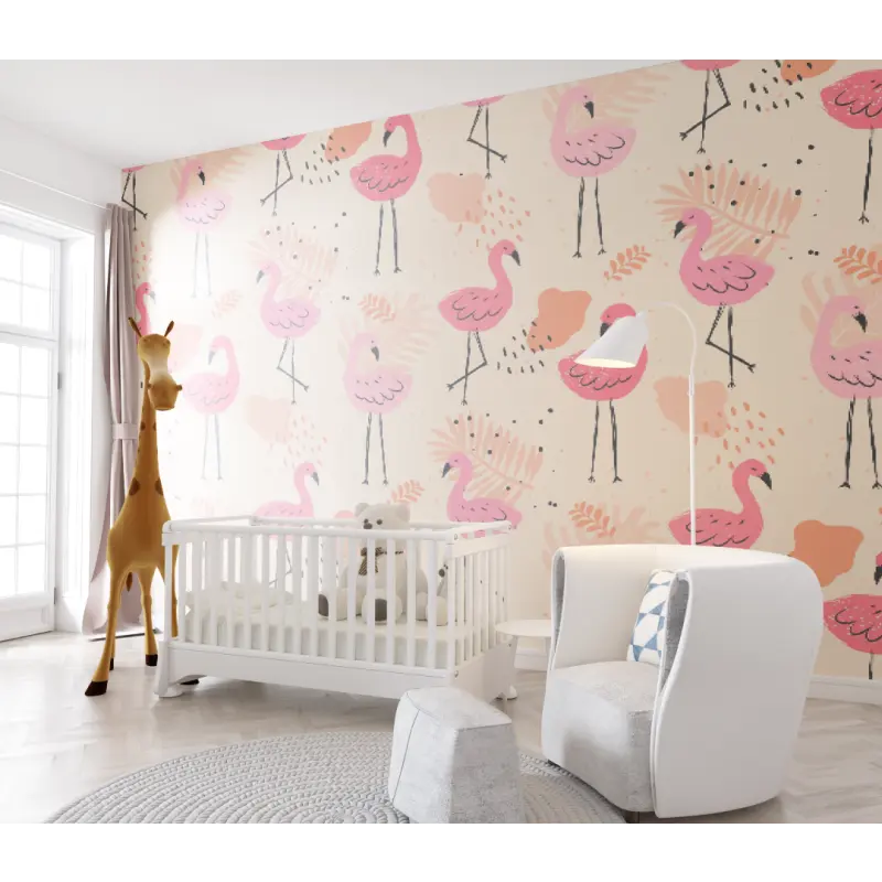 Papier peint bébé motif Flamant rose - chambre de bebe