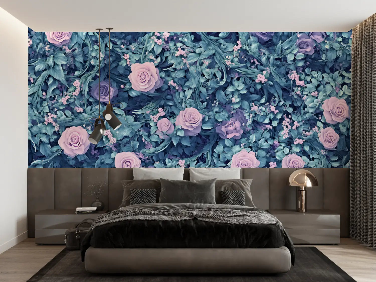 Papier Peint Bleu Et Rose Fleurs - panoramique tendance