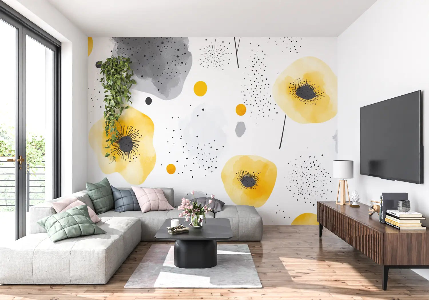 Papier Peint Fleurs Pastel Jaune Et Gris - tendance mur