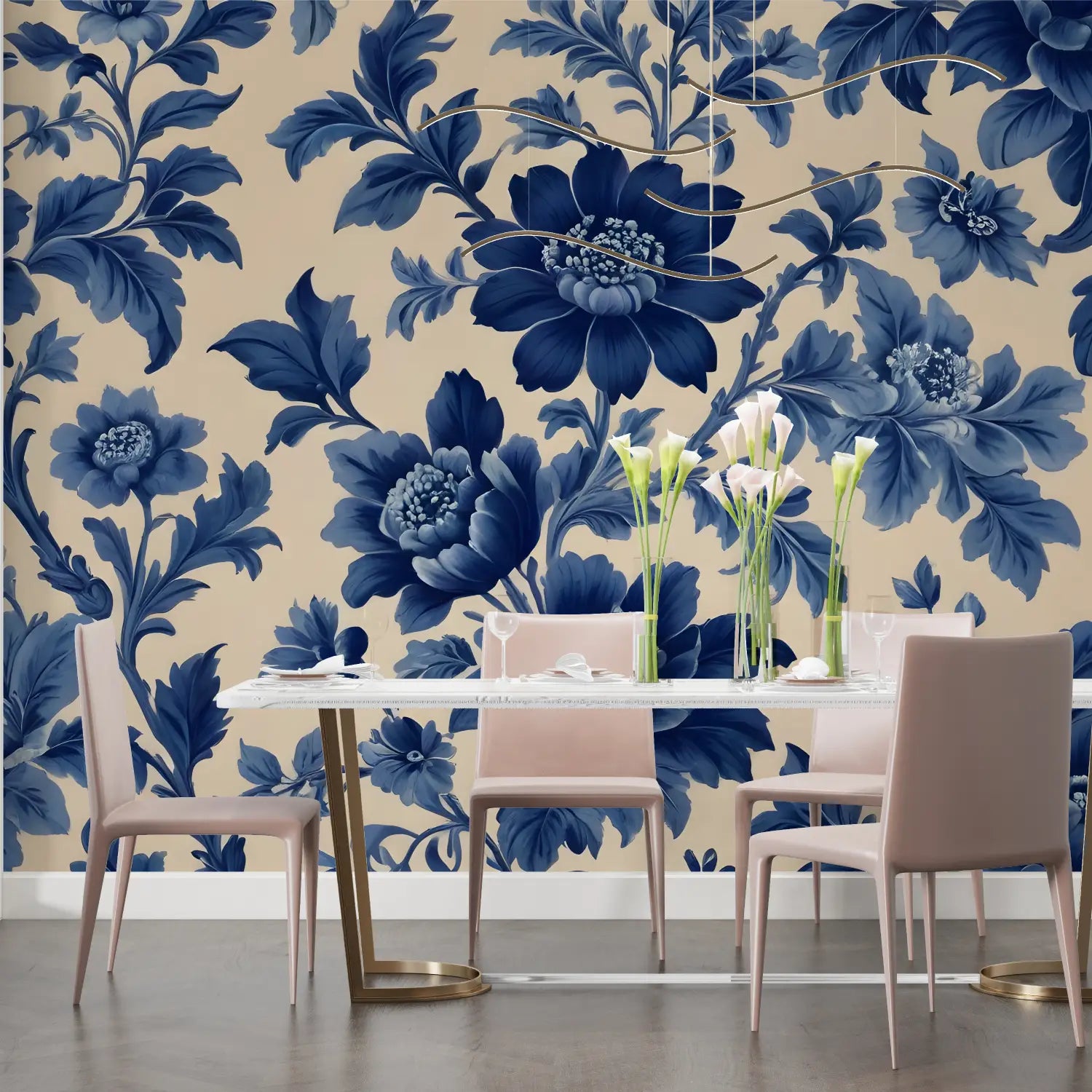 Navy Blue and White Floral Wallpaper - Second Image