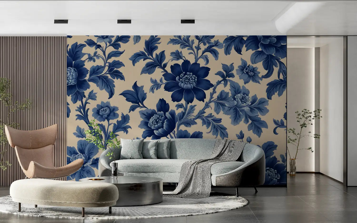 Navy Blue and White Floral Wallpaper - Second Image