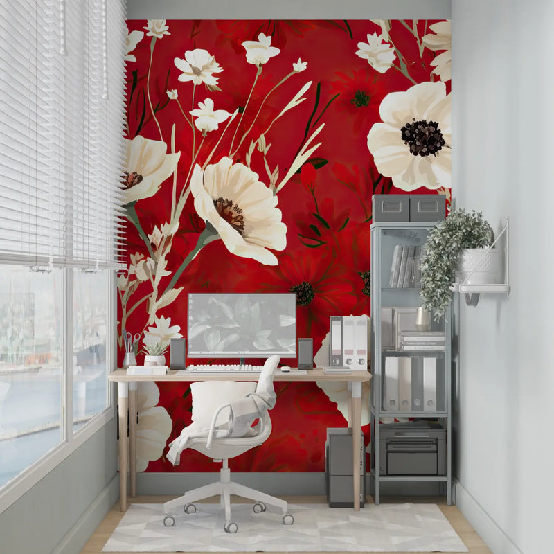 Papier Peint Fleuri Rouge - sur mesure