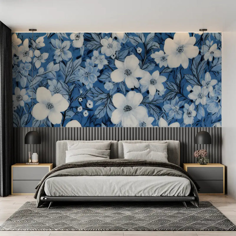 Papier Peint Fleurs Fond Bleu - panoramique mural