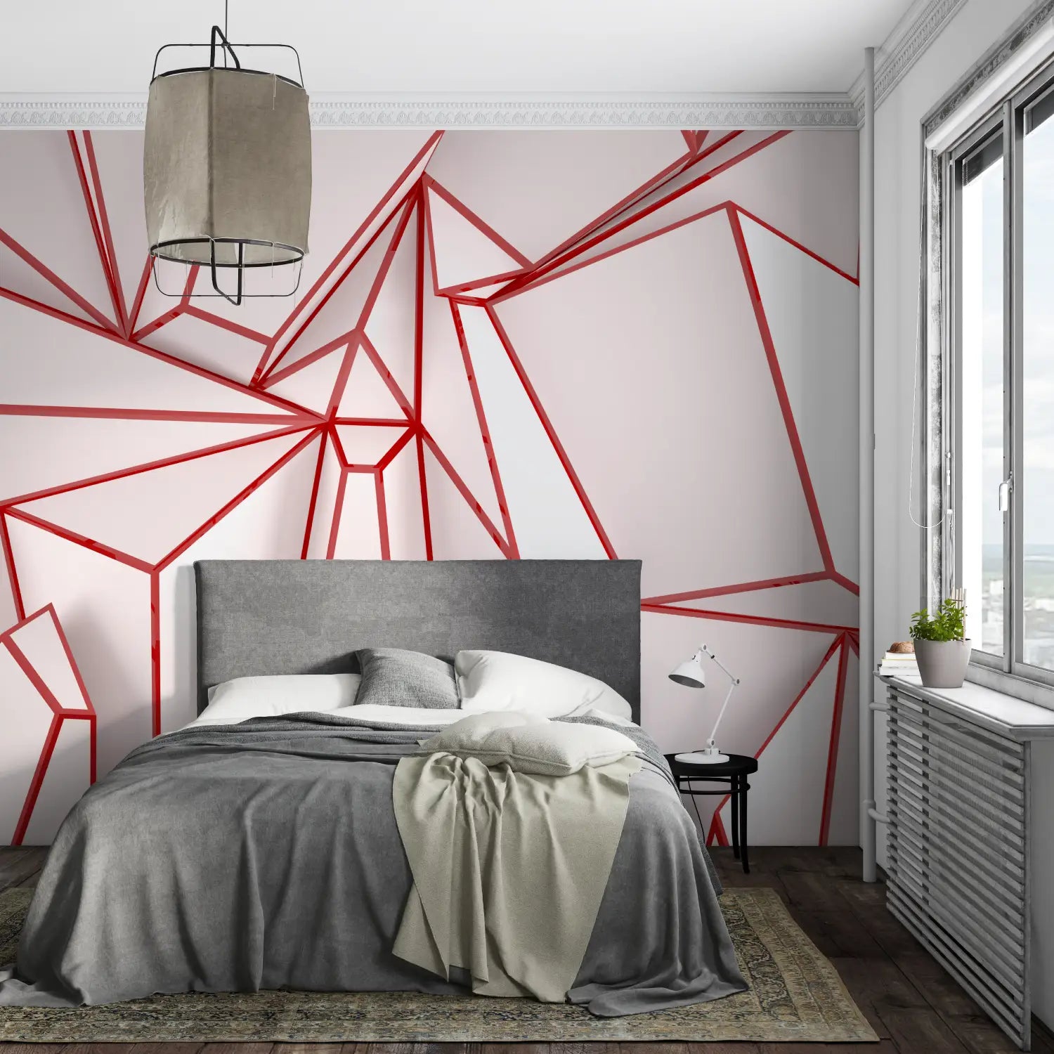 Papier Peint Géométrique Rouge Et Blanc - pano mural