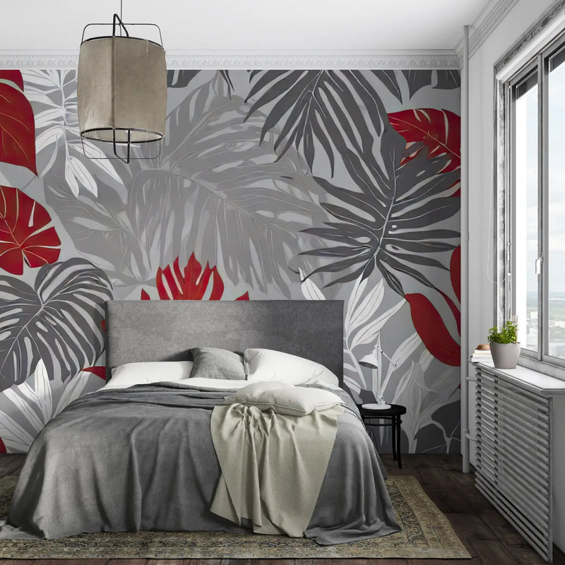 Papier Peint Gris Et Rouge Tropical - mural