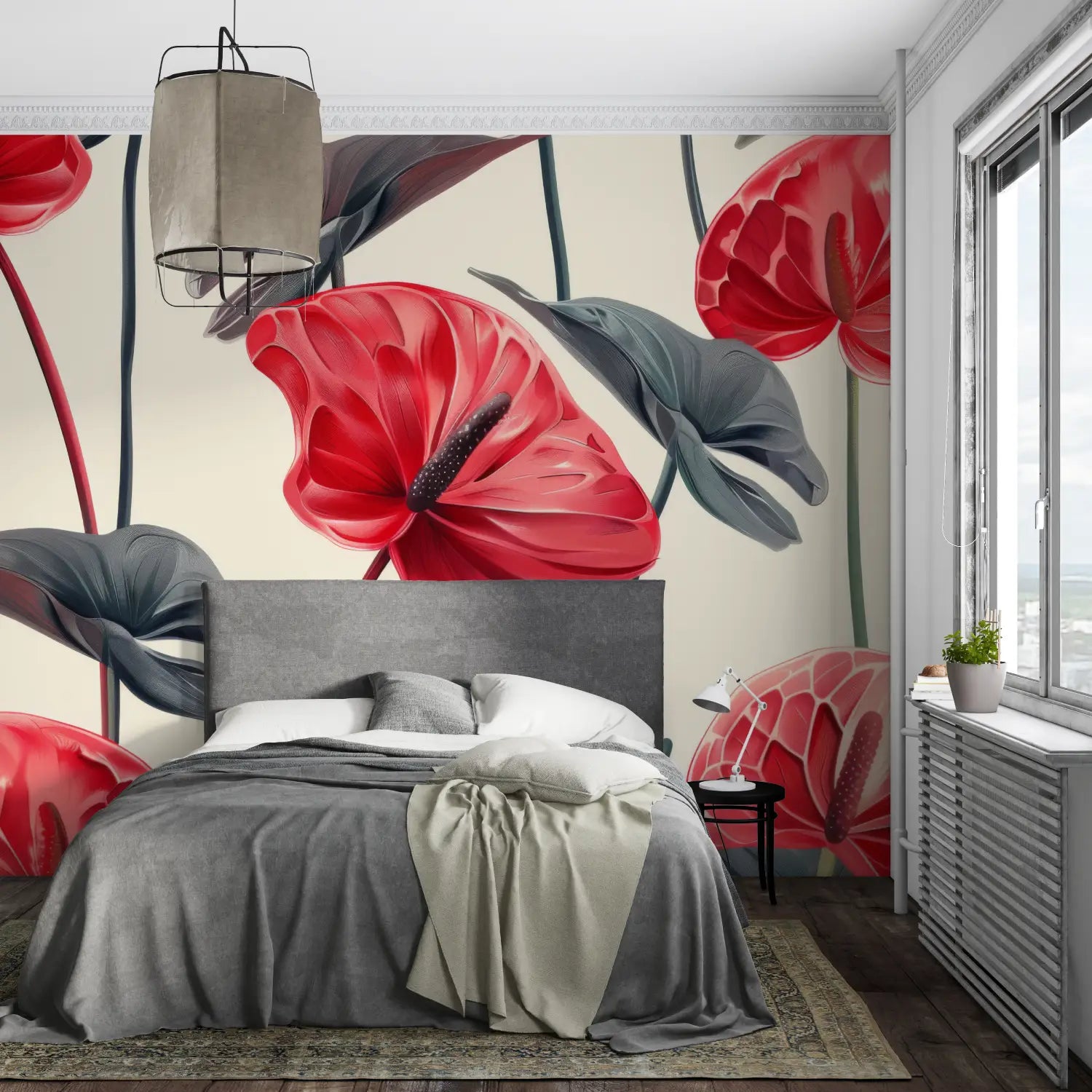 Papier Peint Gris Rouge Fleurs - pano mural