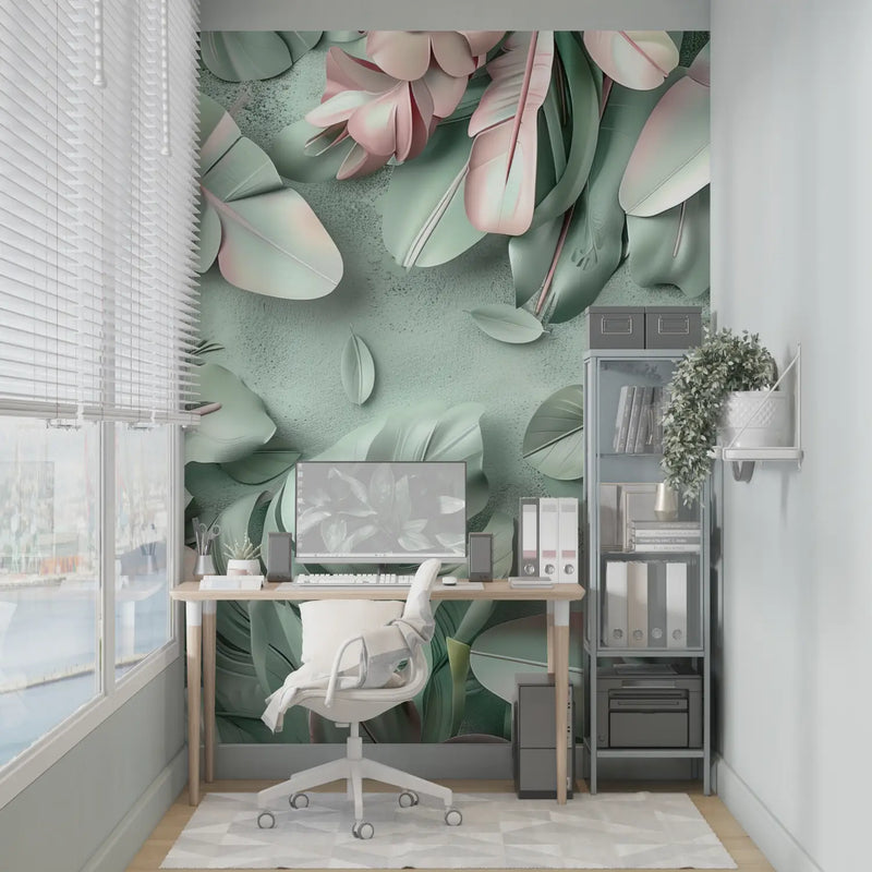 Papier Peint Jungle Vert Et Rose Design - pano mural