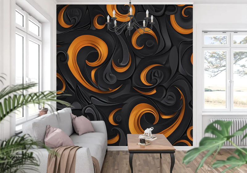 Papier Peint Orange Et Noir Abstrait - trompe l'oeil