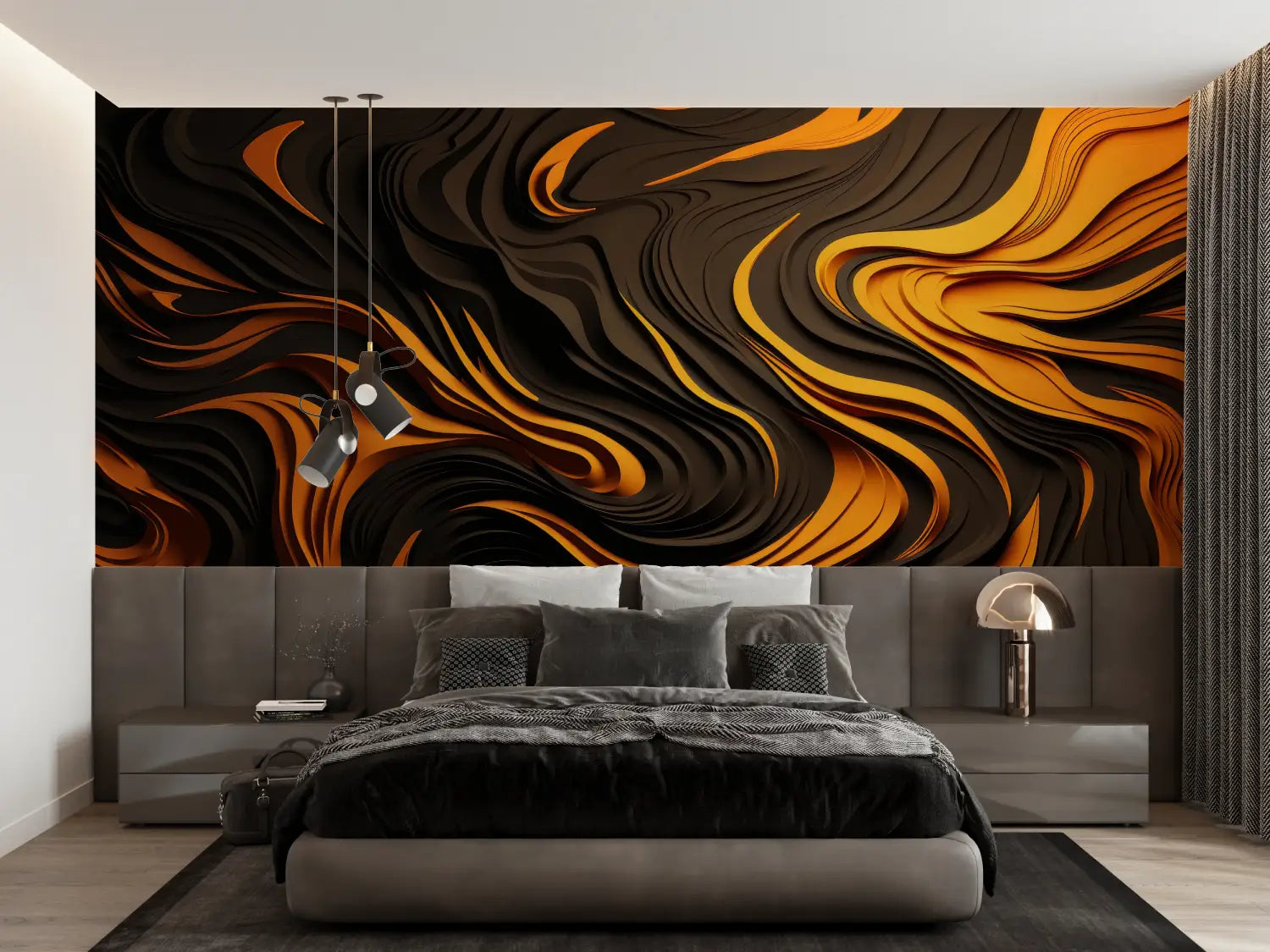 Papier Peint Orange Et Noir Design - trompe l'oeil