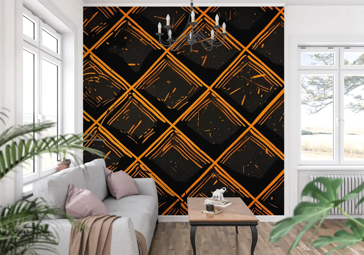 Papier Peint Orange Et Noir Motifs - Second Image