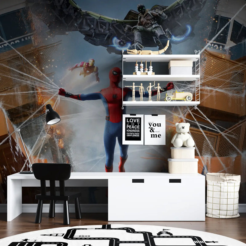 Papier Peint Spiderman Vautour Ironman - chambre garçon lit