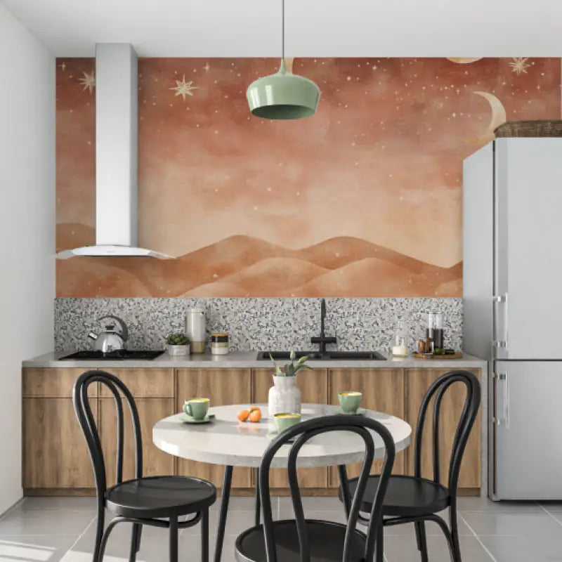 Papier peint terracotta lunes et etoiles mur cuisine