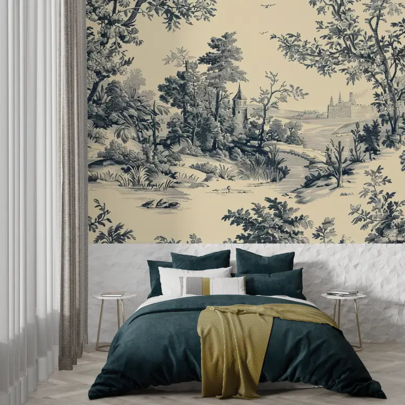 Papier Peint Toile De Jouy Ancien Noir - trompe l'oeil