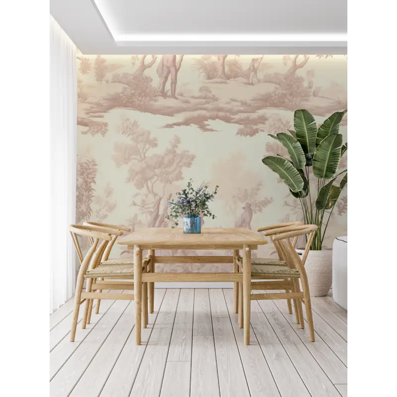 Papier Peint Toile De Jouy Beige Vintage - trompe l'oeil