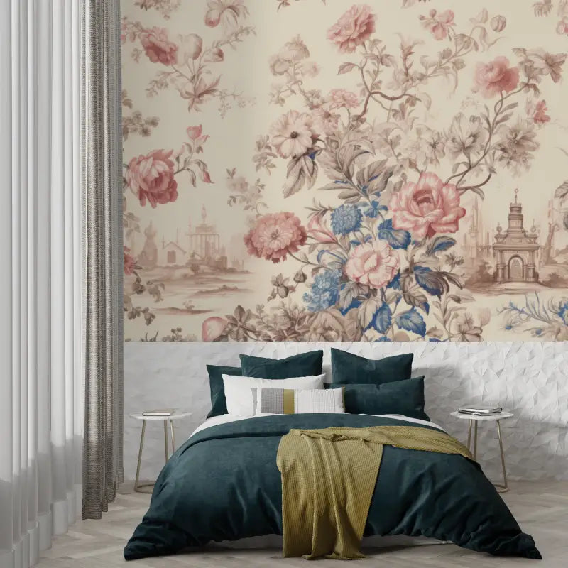 Papier Peint Toile De Jouy Bleu Rose - tapisserie