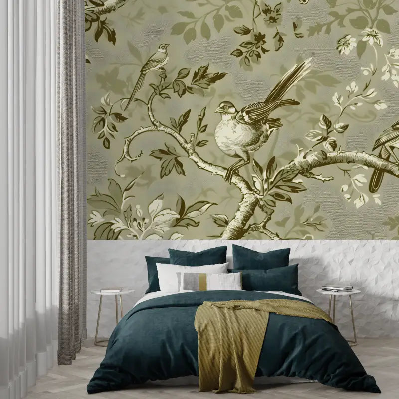 Papier Peint Toile De Jouy Branche Oiseau - francais