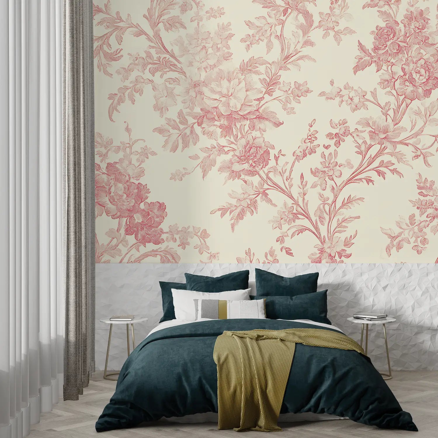 Papier Peint Toile De Jouy Fleurs Rouge - Second Image