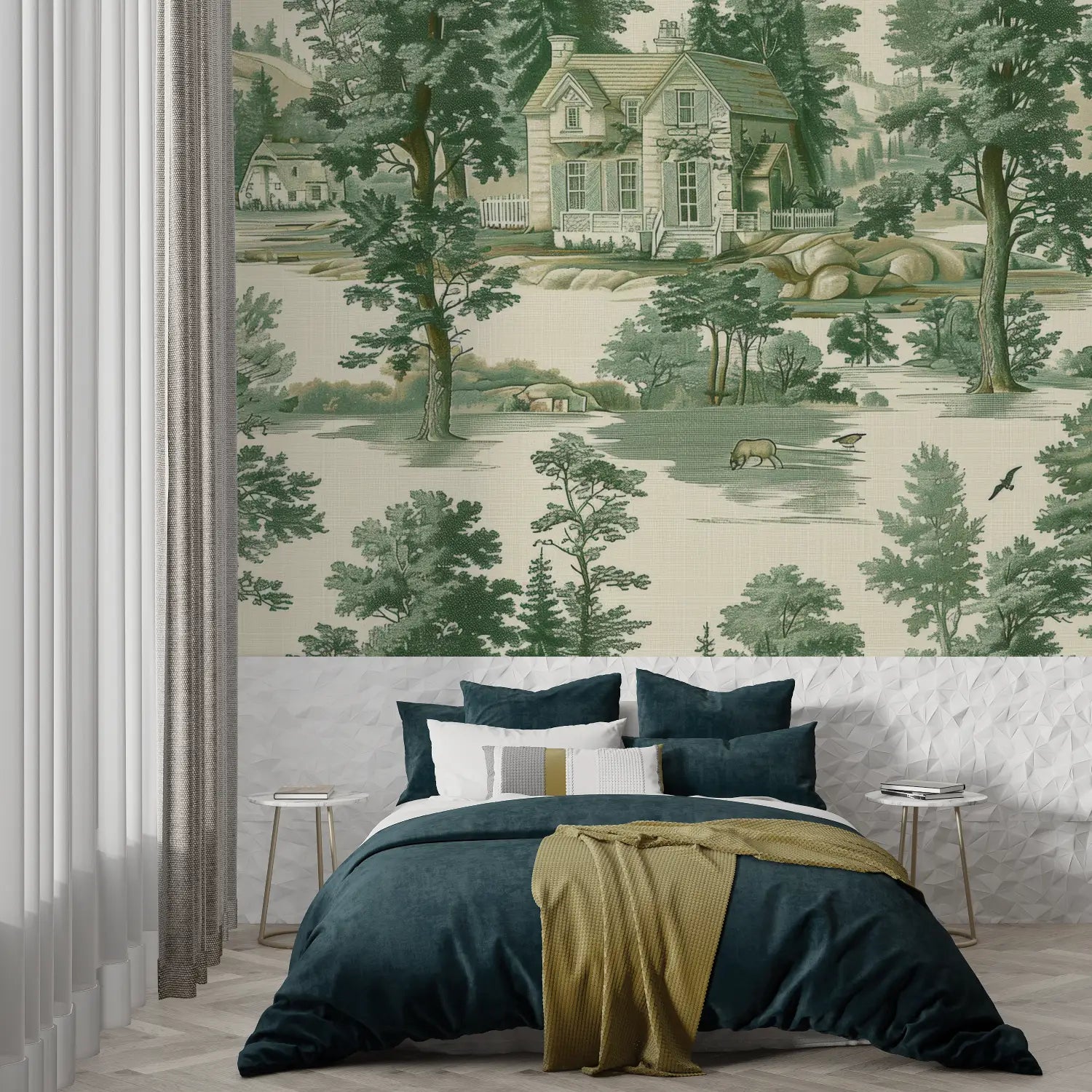 Toile De Jouy Green Landscape Wallpaper - Second Image