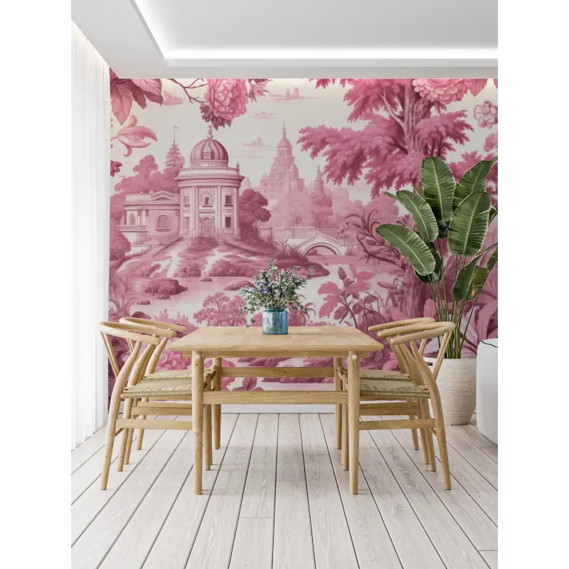 Papier Peint Toile De Jouy Rose Vif - trompe l'oeil