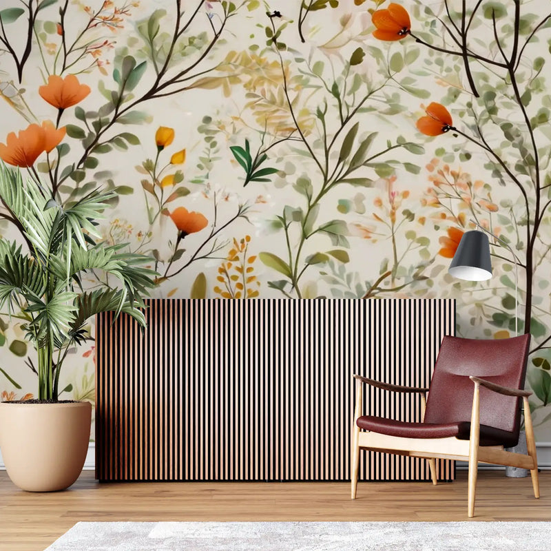 Papier Peint Vintage Fleur Orange - pano mural