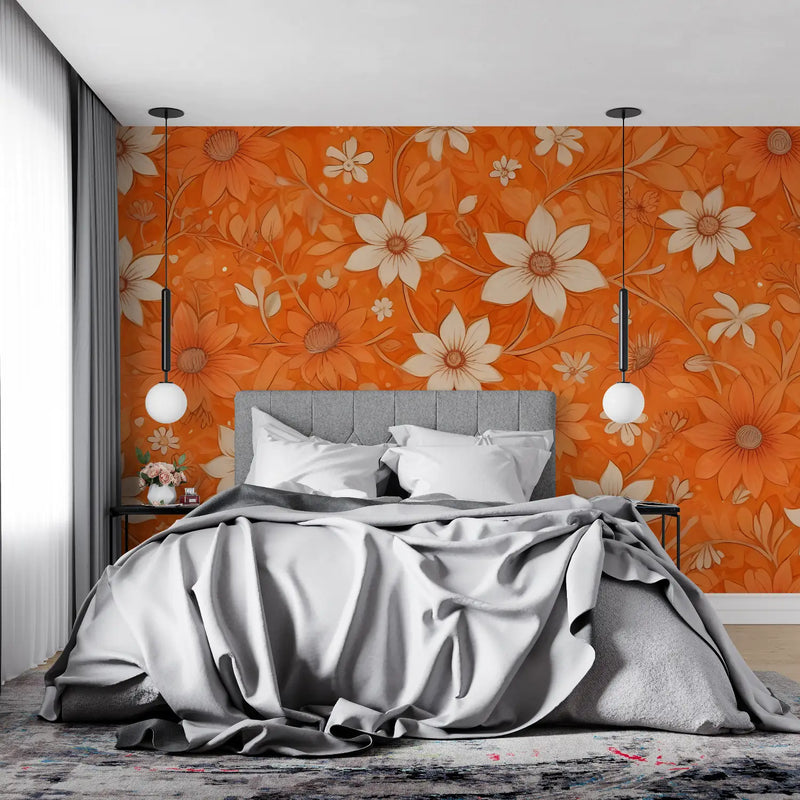 Papier Peint Vintage Fleurs Oranges - 4murs