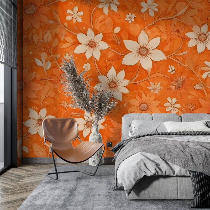 Papier Peint Vintage Fleurs Oranges - tendance mur