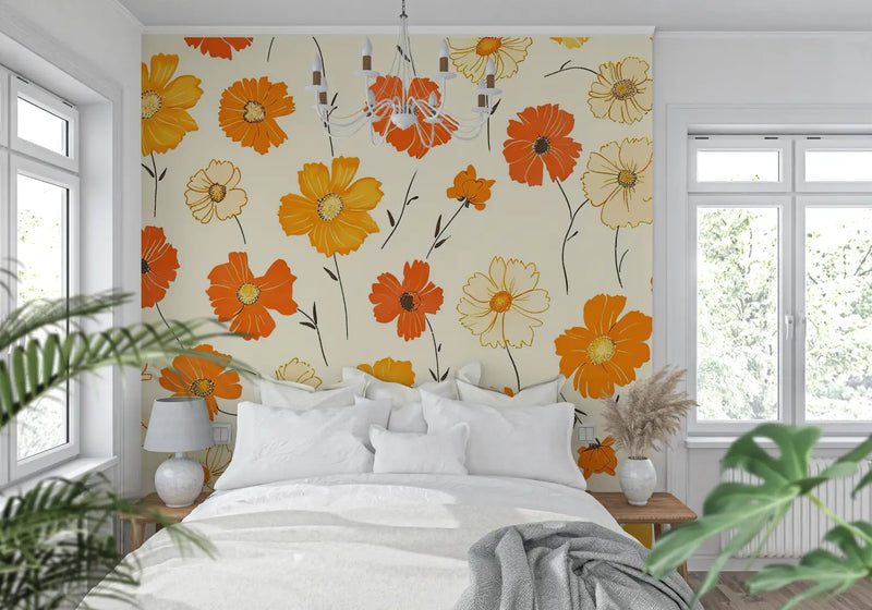 Papier Peint Vintage Orange Et Blanc - tendance mur