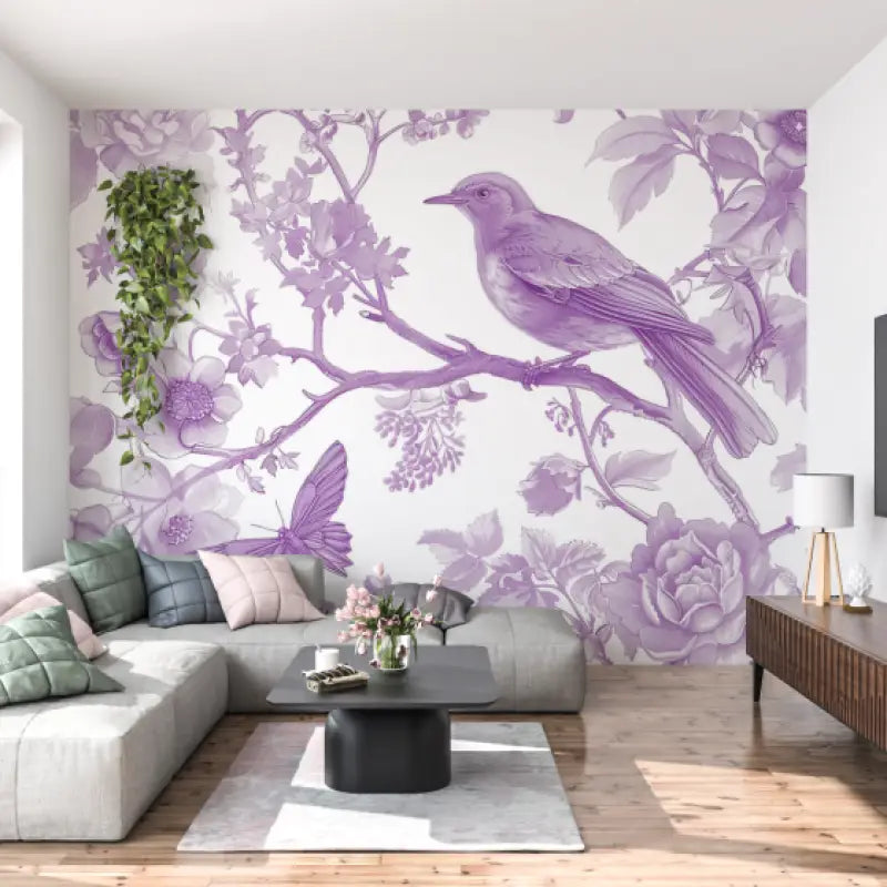 Papier Peint Violet Oiseau - tapisserie pano