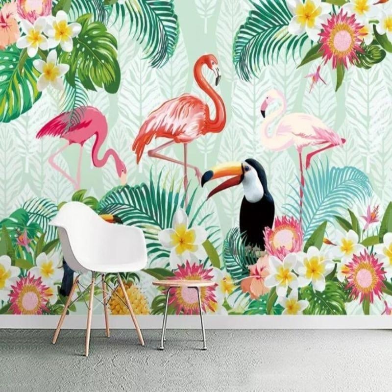 Papier Peint Tropical Flamant Rose