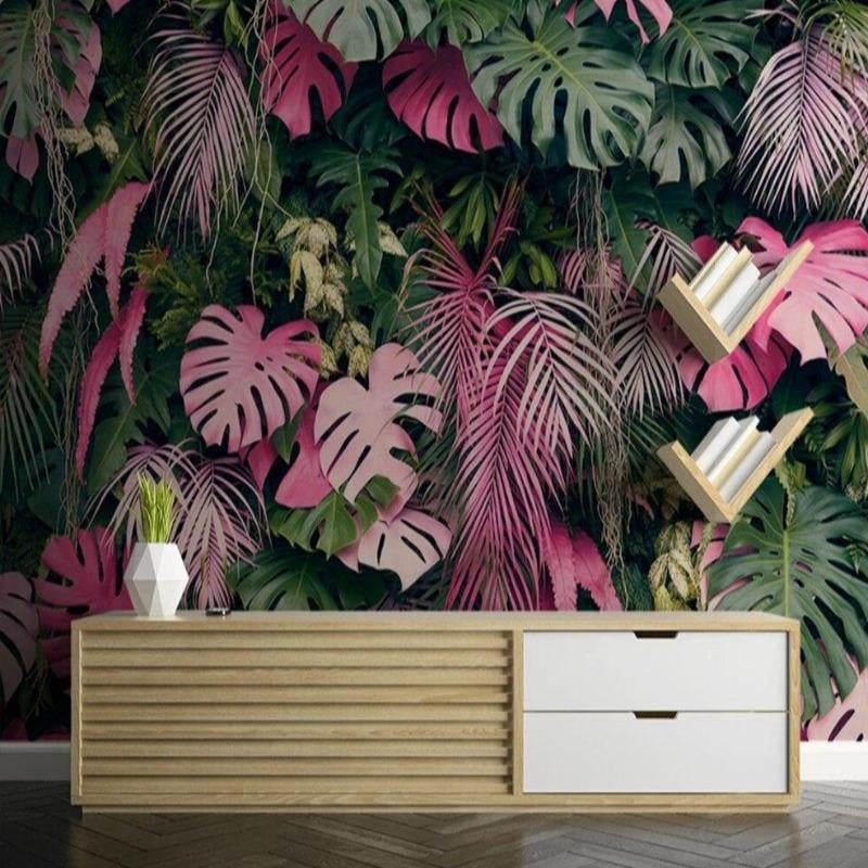 Papier Peint Tropical Vert et Rose