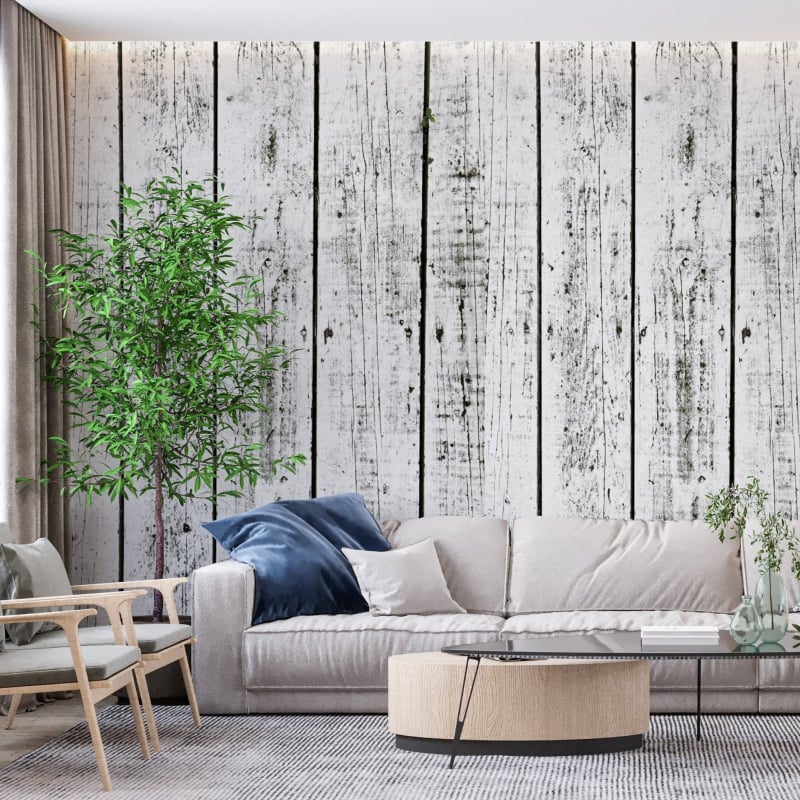 Distressed White Wood Imitation Wallpaper - Second Image